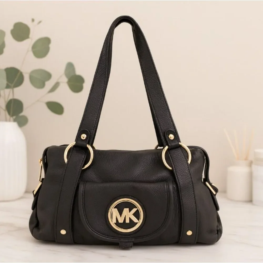 Michael Kors Satchel Bag Fulton Black Pebbled Leather Shoulder Bag Purse